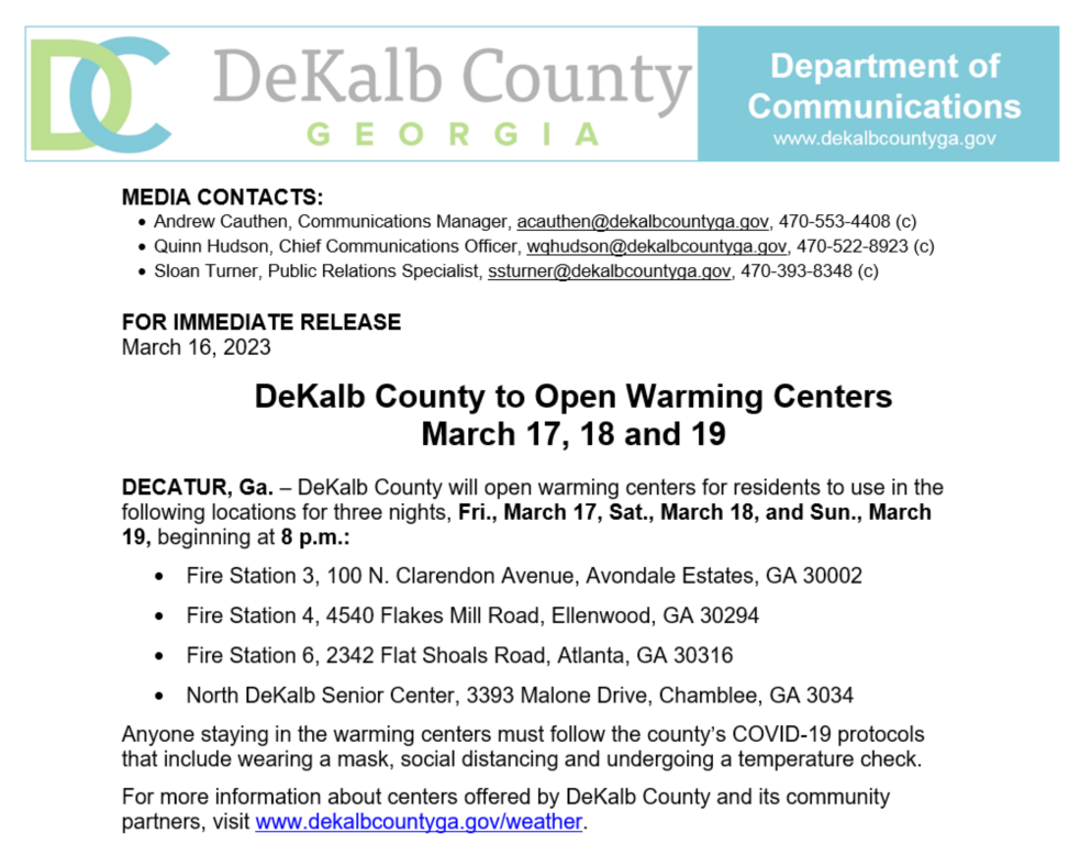 Dekalb County to Open Warming Centers for residents March 17-19